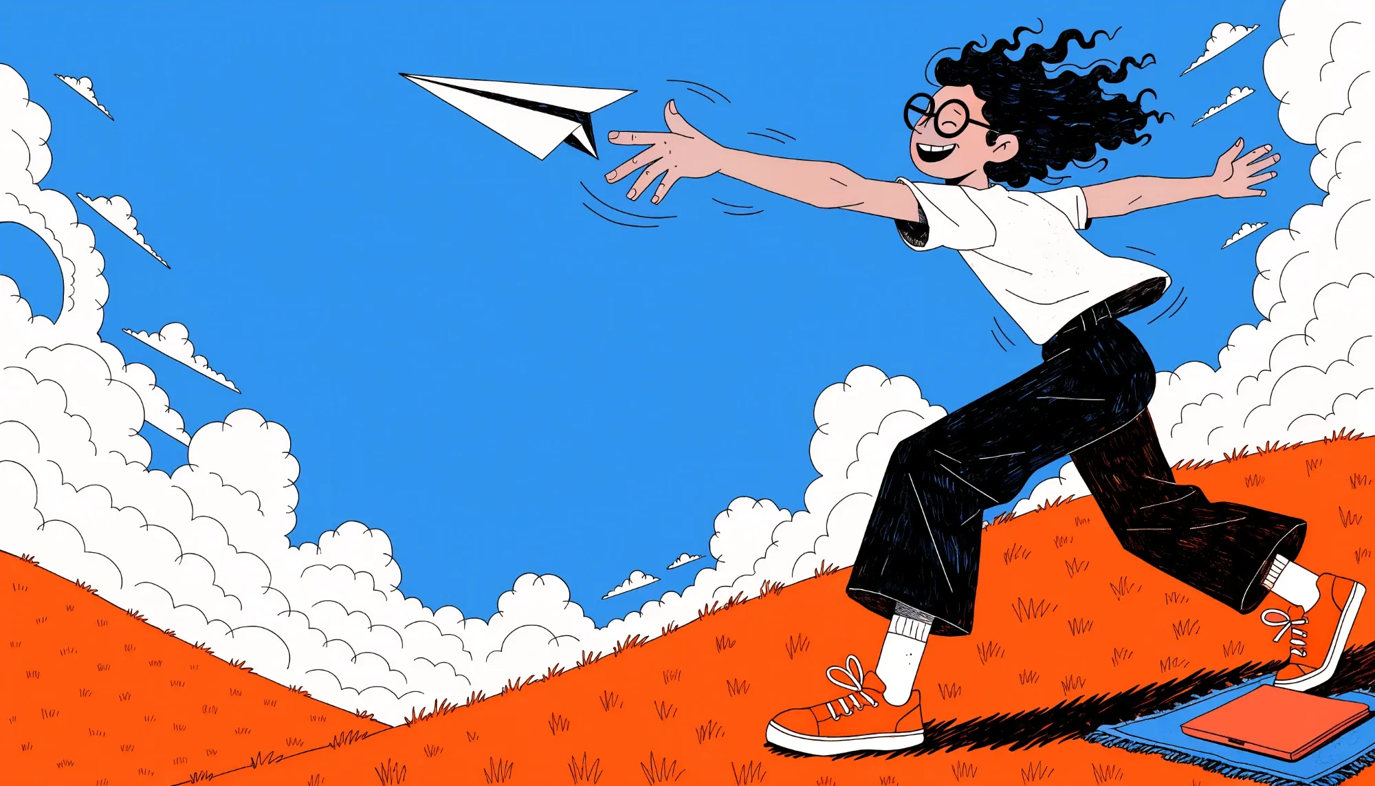 Mavi gökyüzünde kağıt uçağa uzanan kıvırcık saçlı, gözlüklü karakter; turuncu çimenli tepede mavi halı ve kapalı dizüstü